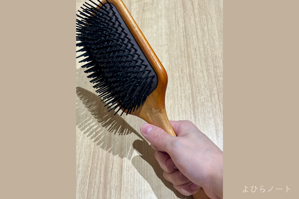 アヴェダのパドルブラシ（通常サイズ）を手に持った写真。